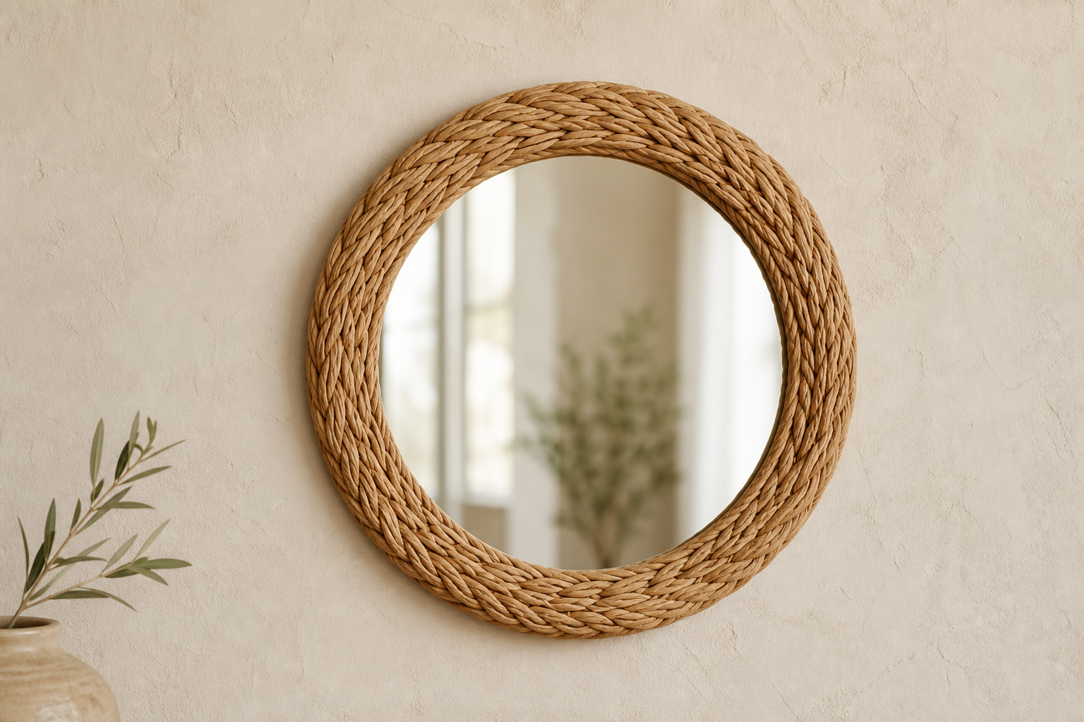 Round Rattan-Framed Mirror